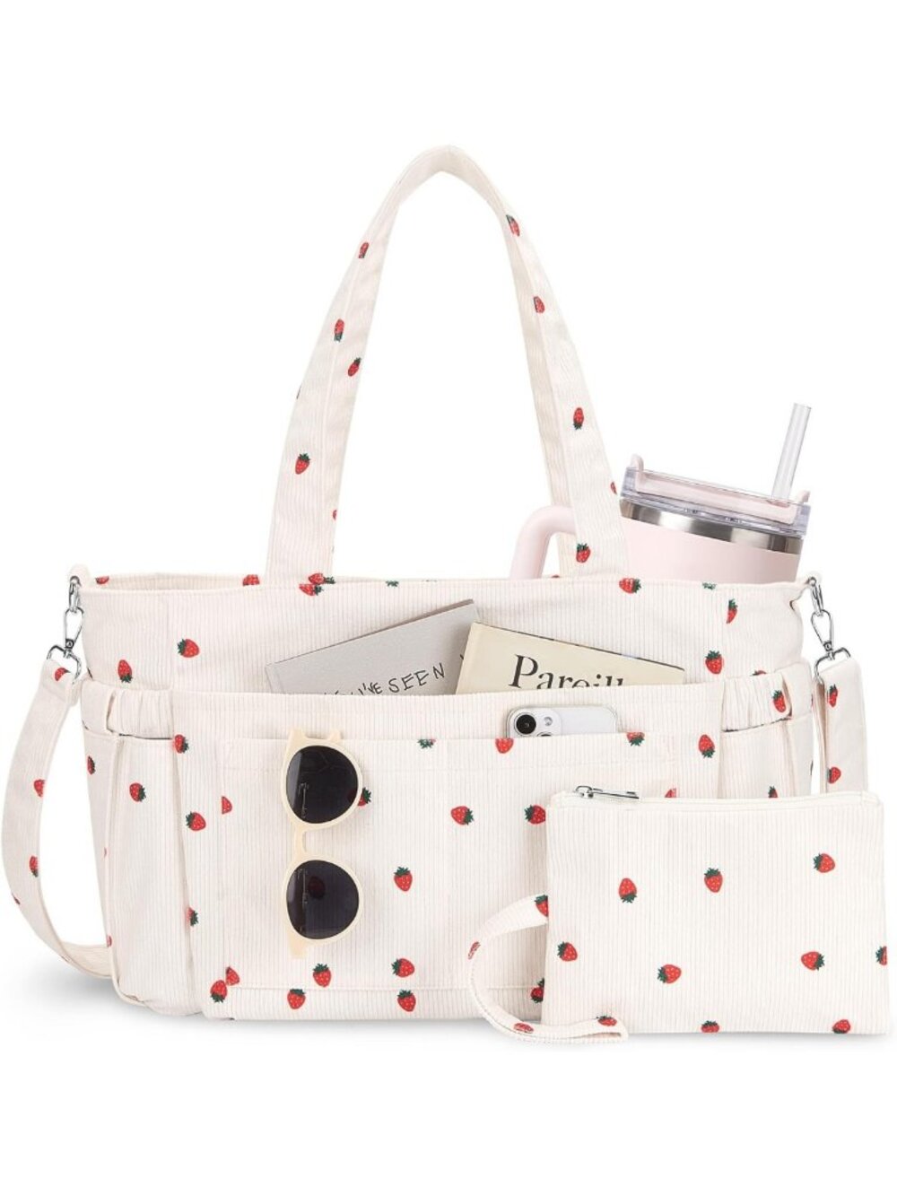 Stylish Corduroy Tote Bag with 9 Pockets & Cup Holder - Perfect for Work, Travel